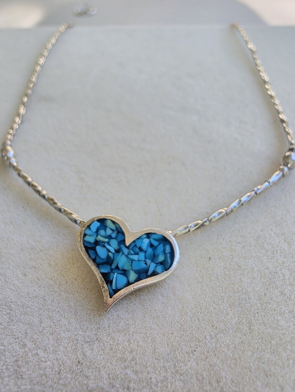 16" Sterling Silver Heart Necklace with Blue Inlay